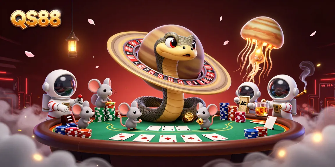 Place bets on the QS88 roulette wheel in a cosmic casino with vibrant characters.