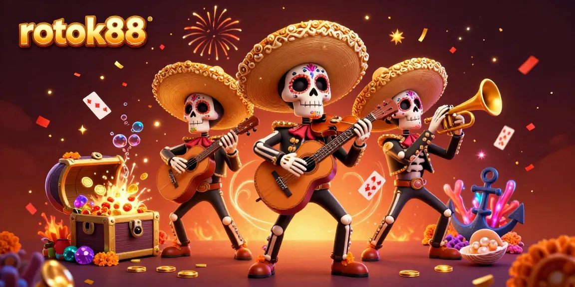 Engage in thrilling gameplay at rokok88 with vibrant casino-themed 3D illustration showcasing a mariachi band.