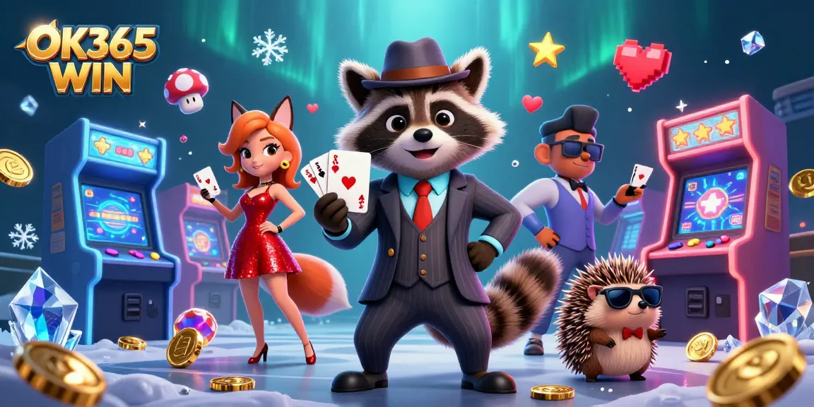 Play casino games with fantastic bonuses at OK365 WIN, featuring a stylish raccoon and vibrant gaming elements.