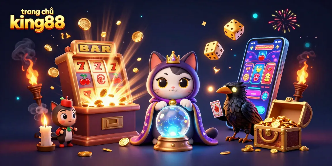 Experience the vibrant energy of trang chủ king88 with a fortune teller cat, raven, and a slot jackpot explosion.