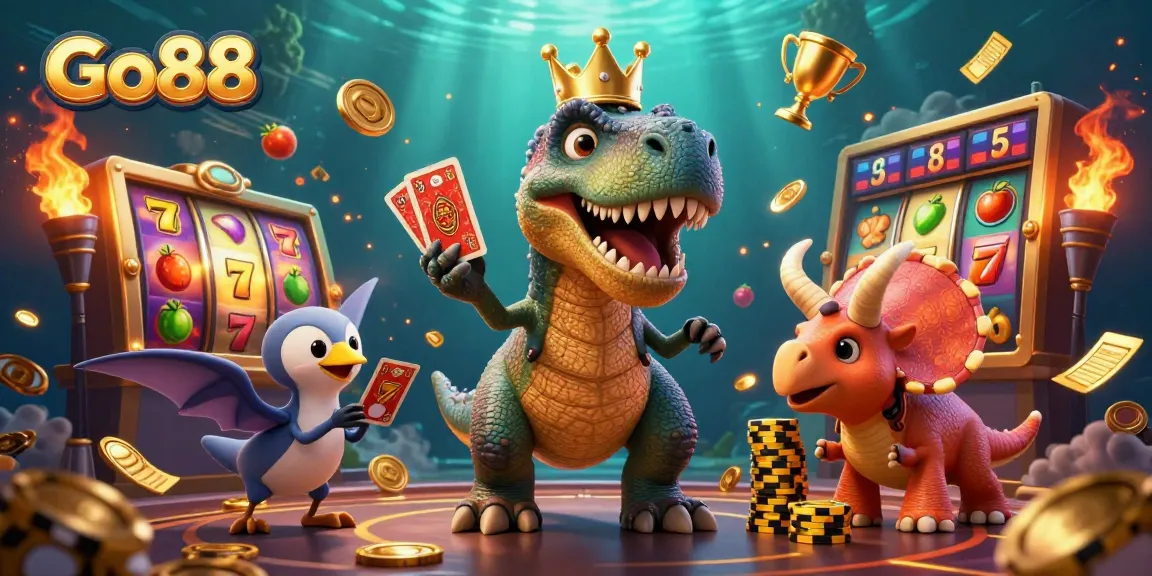 Engage with Go88's fun casino world as a friendly T-Rex plays cards and a triceratops stacks chips in a vibrant, dynamic scene.