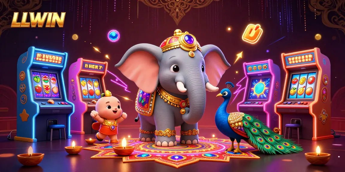 LLWIN showcases a vibrant casino scene with a Diwali-themed elephant and gaming elements, ideal for online gamblers.