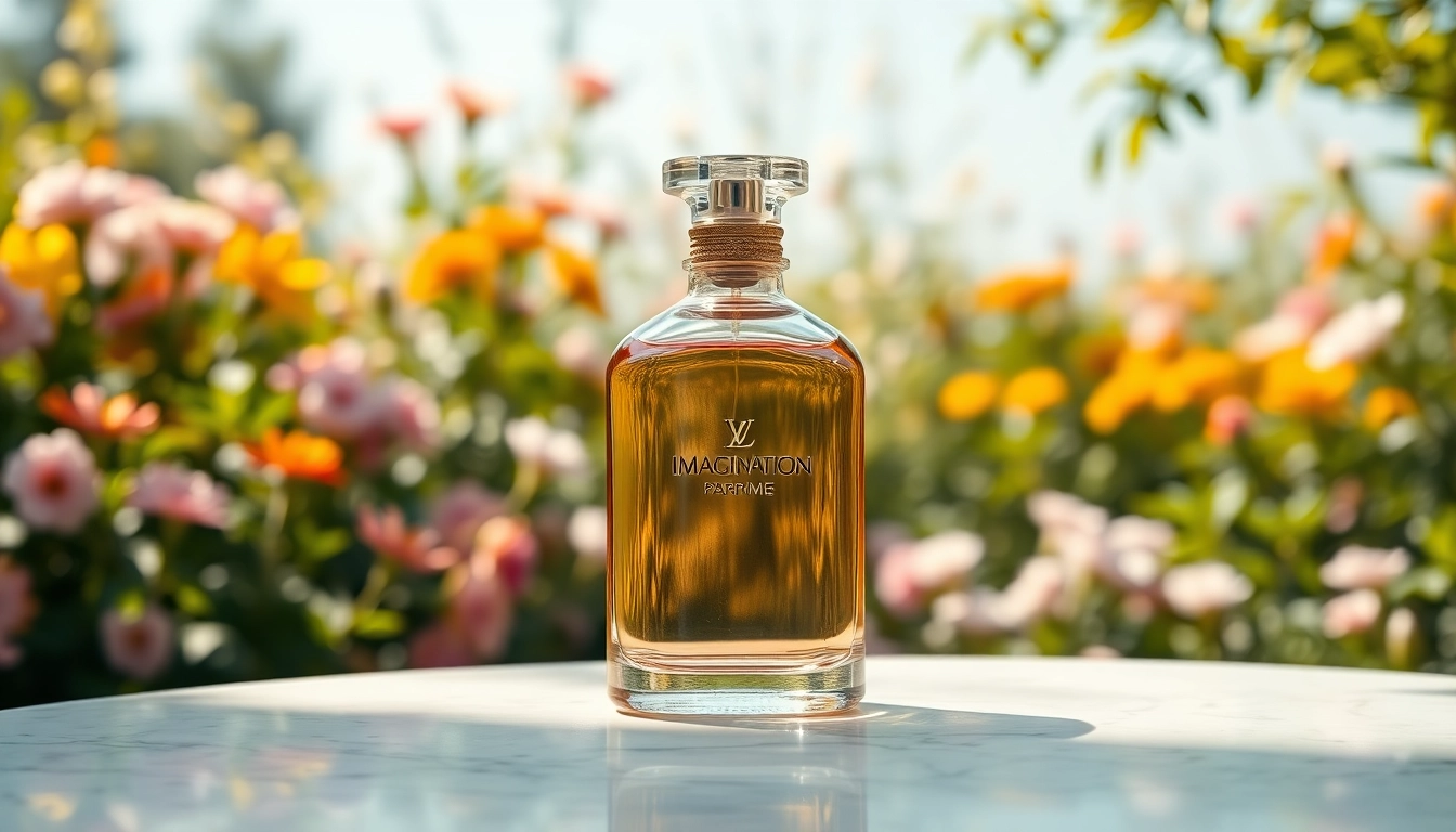 The LV imagination perfume bottle elegantly showcases its refreshing essence in a lush garden. related image