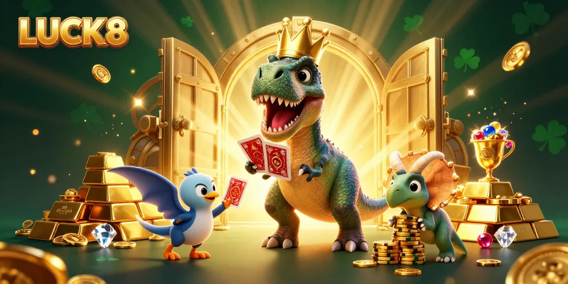 Enjoy exciting gameplay at LUCK8 with our friendly dinosaur characters in a vibrant casino scene