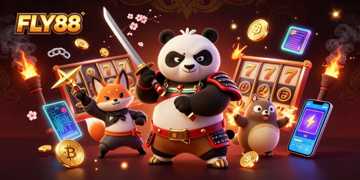 Engage with FLY88's thrilling casino universe featuring samurai panda and ninja fox.