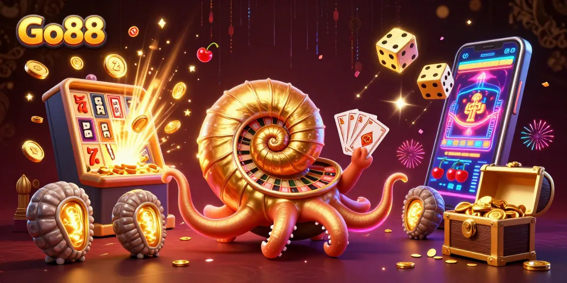 Experience Go88 with a vibrant 3D casino scene featuring games, winning symbols, and interactive elements.