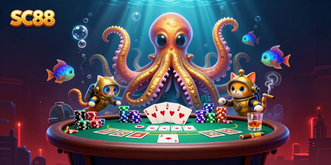 SC88 casino scene with a colossal kraken, diving cat, and vibrant poker elements.