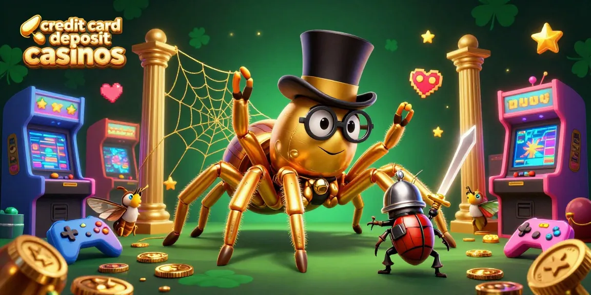 Engage with credit card deposit casinos featuring a giant golden tarantula weaving gold threads between casino pillars.