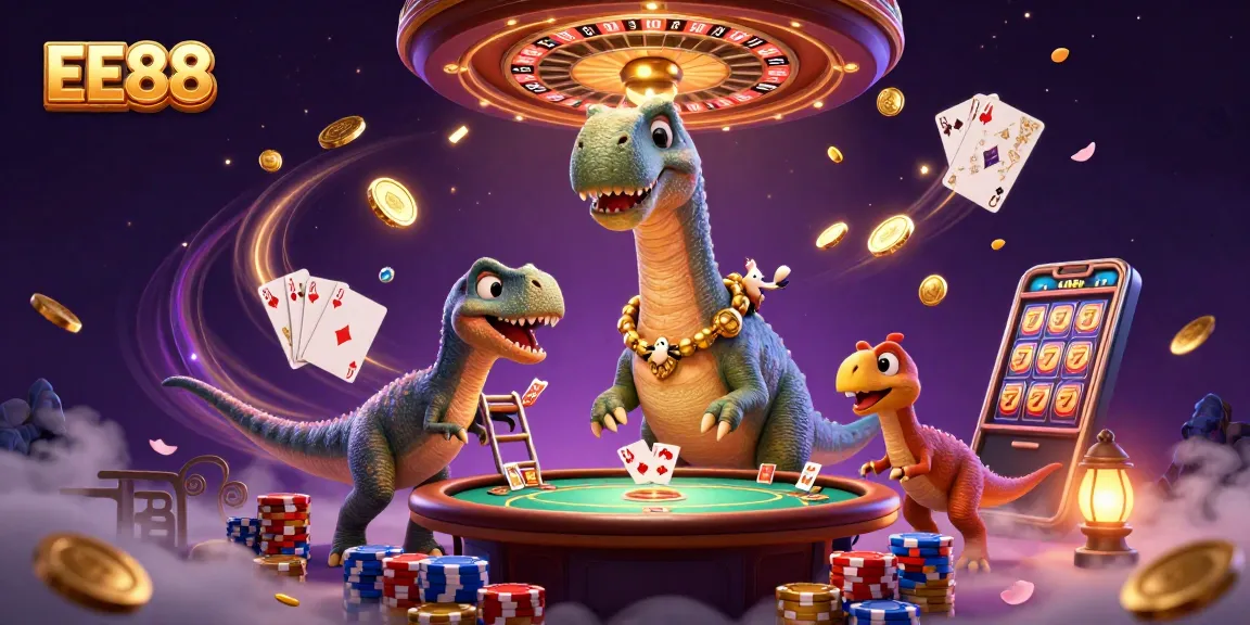 EE88 casino illustration showing a giant brontosaurus above a poker table, surrounded by vibrant gaming elements.