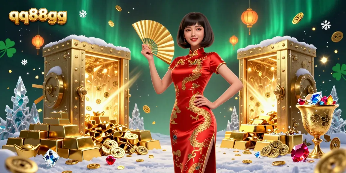 Join the excitement with qq88gg, featuring a confident woman amidst lavish casino treasures.