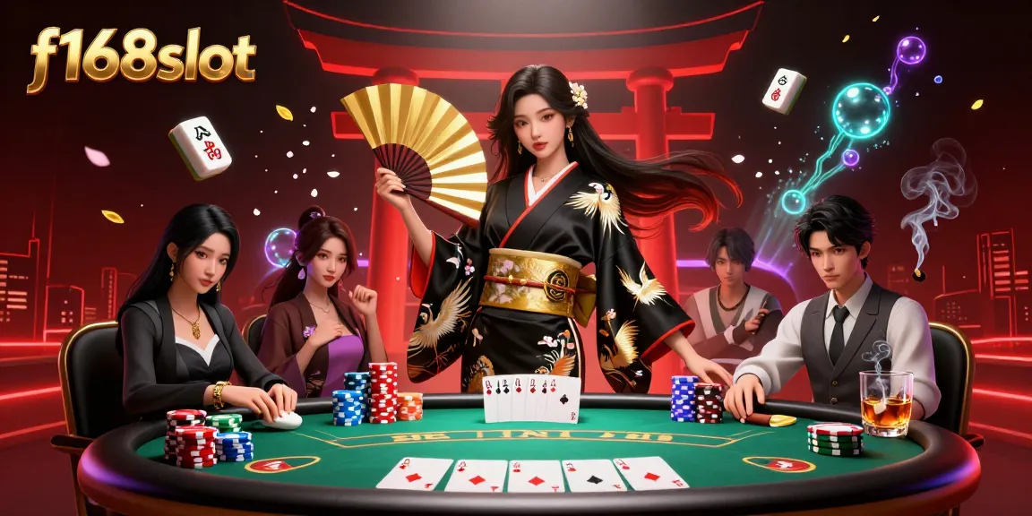 Experience the thrill at f168slot with a stunning 3D illustration of Asian elegance and poker excitement.