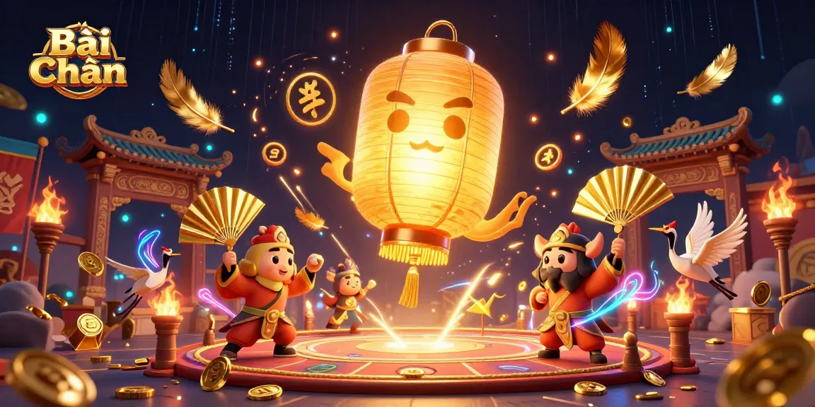 Bài Chắn players enjoy a vibrant casino scene with glowing lanterns and golden companions among swirling lucky symbols.