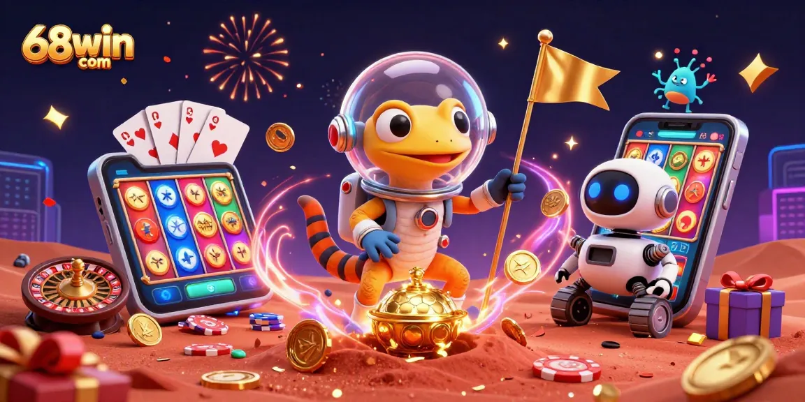 Engage with 68win com as a Martian gecko discovers a golden casino on Mars with vibrant casino elements.