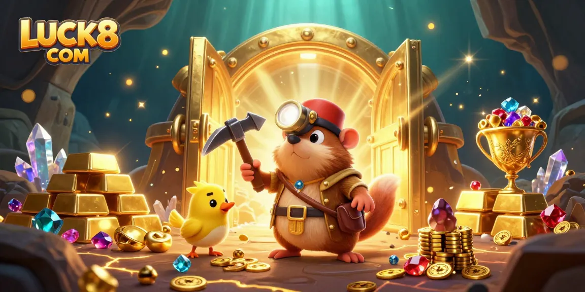 Experience thrilling wins at LUCK8 COM with vibrant casino action, treasure hunting, and glowing gems.