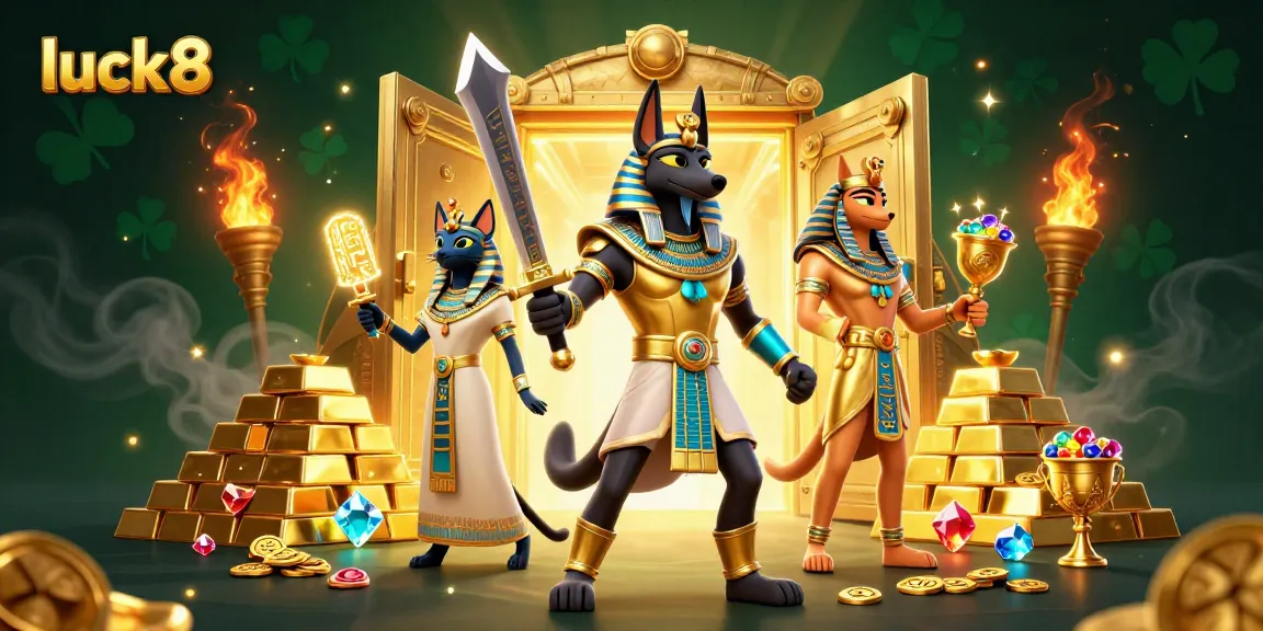 Engage with luck8 as Anubis and Bastet in a vibrant 3D casino adventure filled with treasures.
