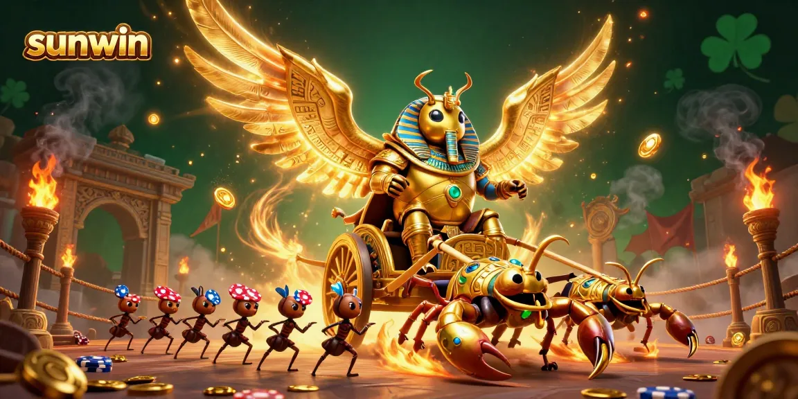 Experience the thrill of sunwin as the golden scarab beetle brings fortune in this action-packed casino illustration.