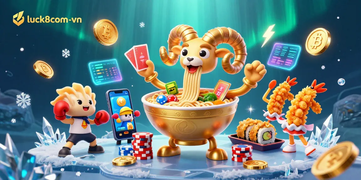 Win big at luck8com-vn with a vibrant 3D illustration of casino games and crypto elements.