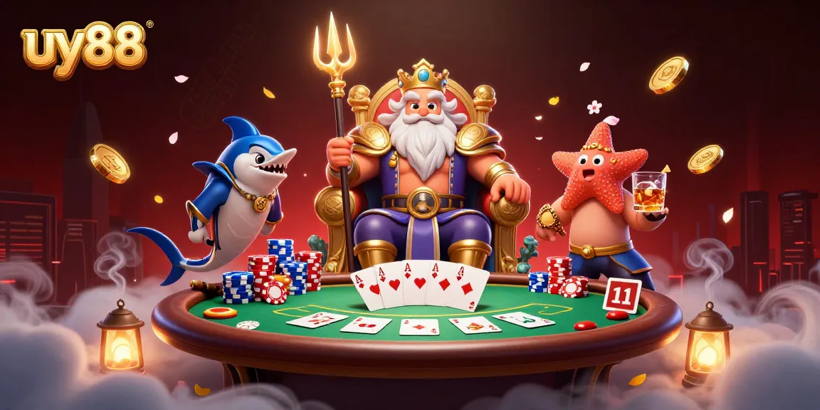 Experience the thrilling games at uy88 with Neptune and his samurai surrounded by poker elements.