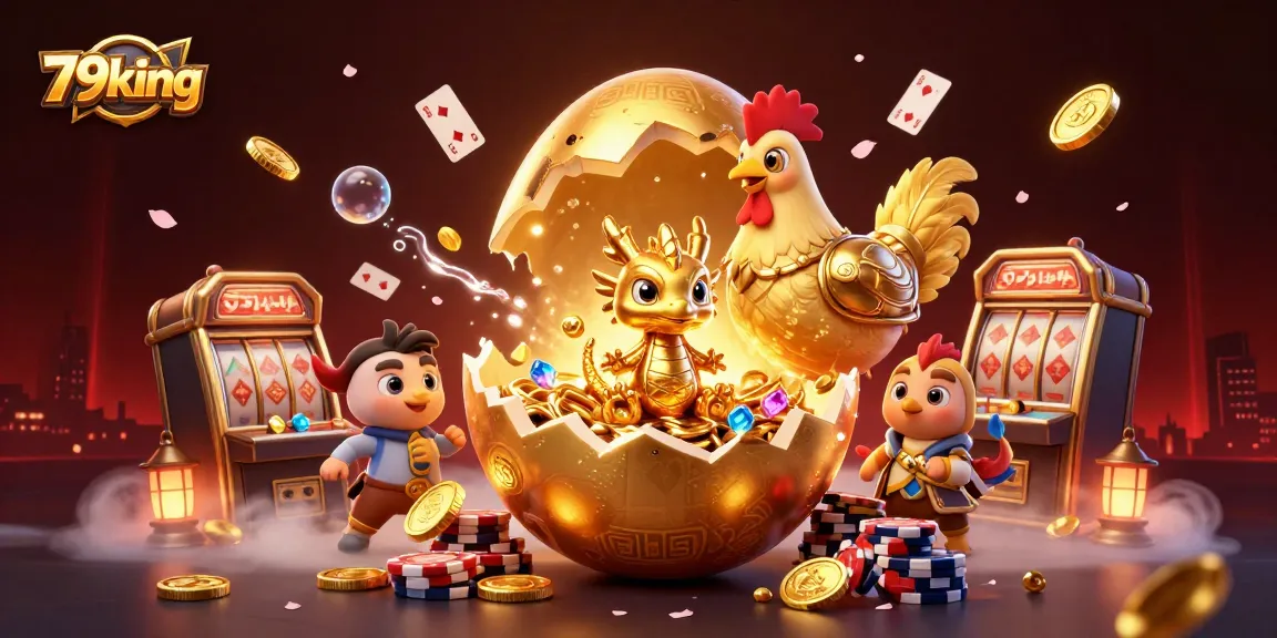Engage in the thrilling 79king casino scene with gold dragon and poker chips illustration.