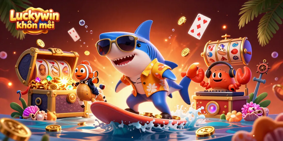 Engage with exciting Luckywin khuyến mãi as a shark rides waves of coins amidst colorful casino elements.