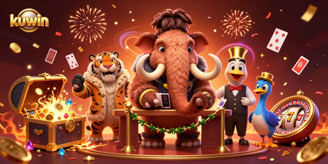 Kuwin casino scene with characters celebrating winning in vibrant underwater world full of games and treasure.
