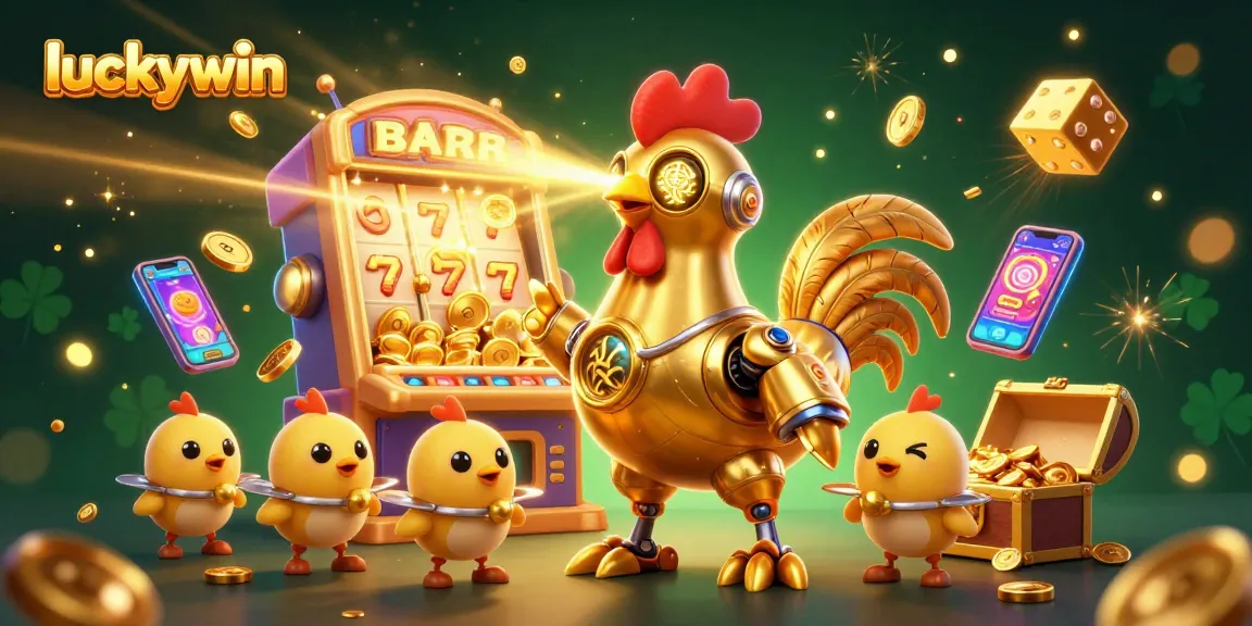 Luckywin features a lively 3D scene with a golden rooster robot and baby chick drones, celebrating casino jackpots.