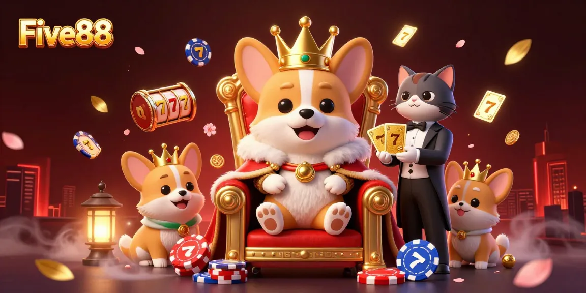 Experience the excitement at Five88 casino with royal corgis amidst dazzling game elements.