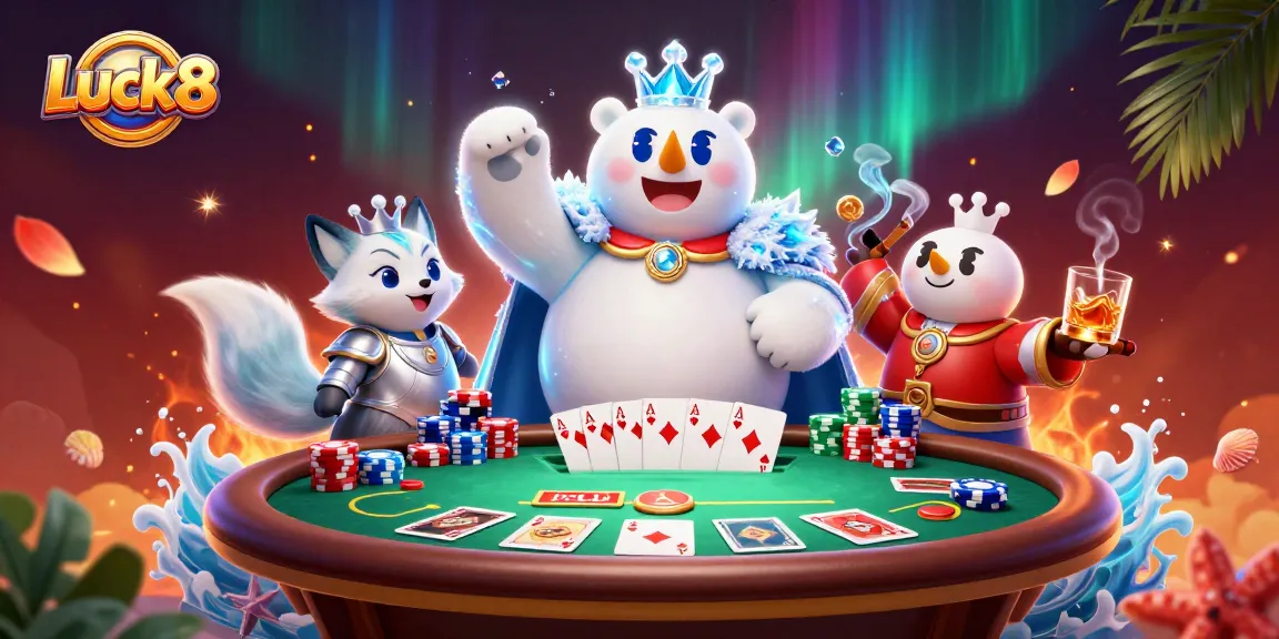 Experience exhilarating gaming with Luck8's interactive casino scene featuring vibrant poker action.