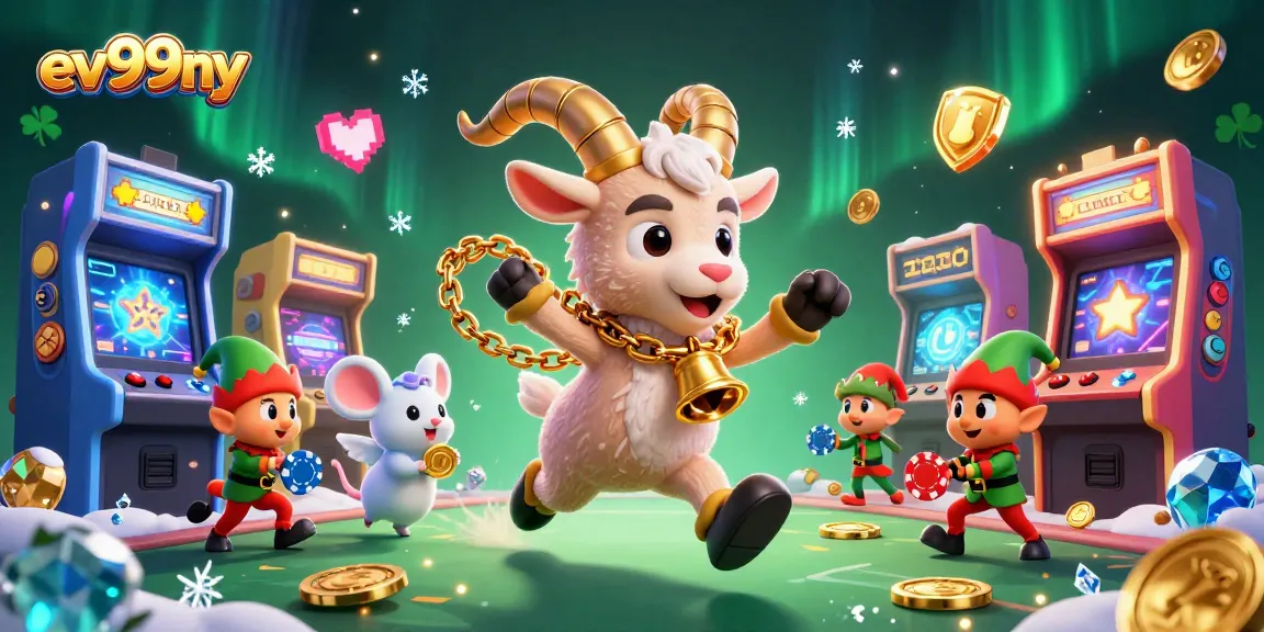 Play games at ev99ny while a Krampus goat oversees a vibrant, chaotic gambling scene.