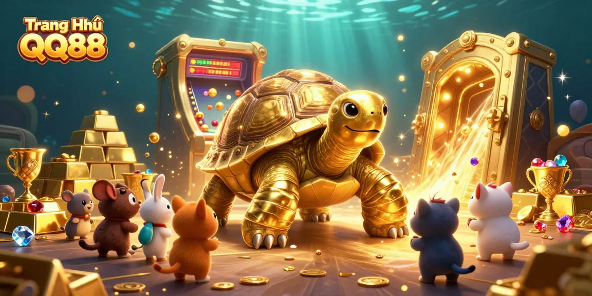 Embark on thrilling games at Trang Chủ QQ88, where a golden tortoise and friends surround treasure and excitement.