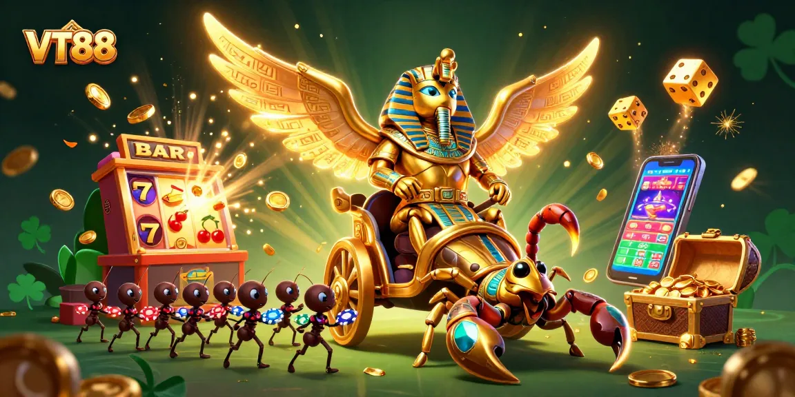 Bet on VT88 with a vibrant scene of slot machines, golden scarabs, and exciting casino action.