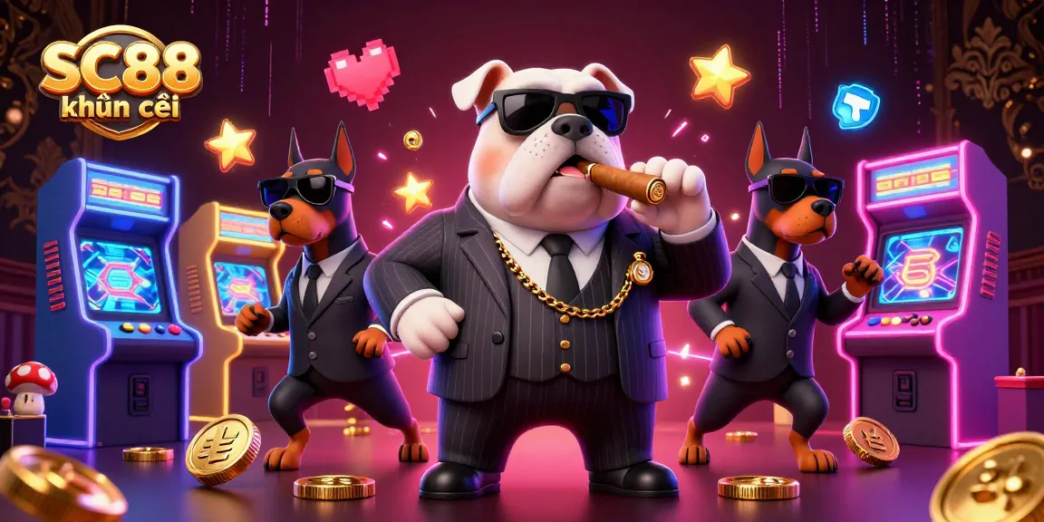 A vibrant SC88 khuyến mãi scene with a cartoon mafia bulldog and Doberman bodyguards amidst arcade and casino elements.