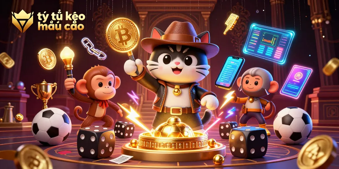 Bet on tỷ lệ kèo nhà cái with a vibrant scene of sports betting elements and golden artifacts.