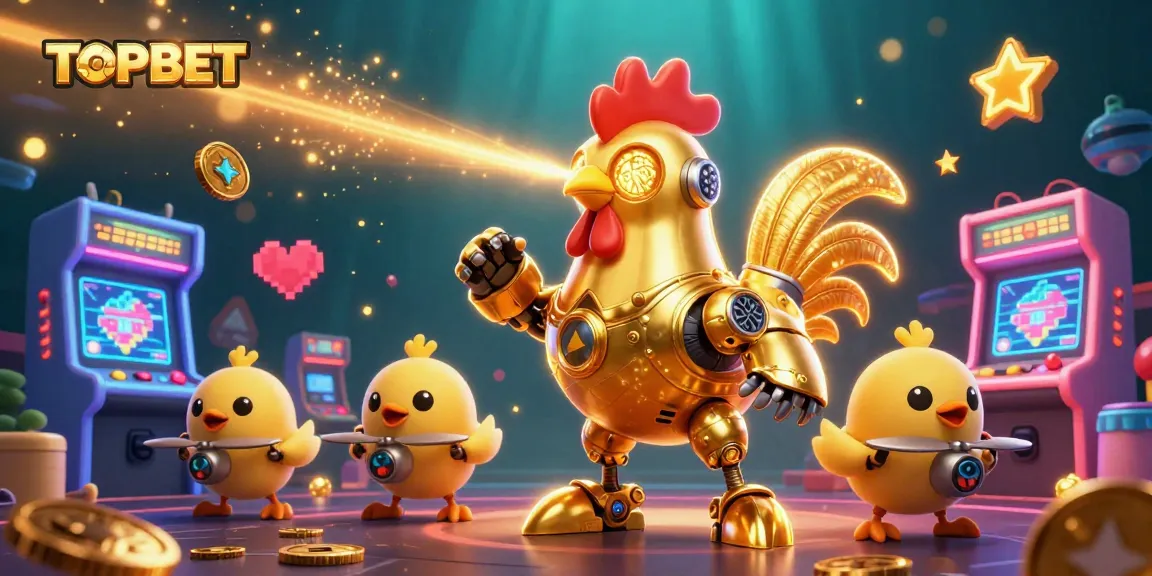 Join the excitement of TOPBET with a vibrant 3D illustration of a golden rooster robot and playful drones.