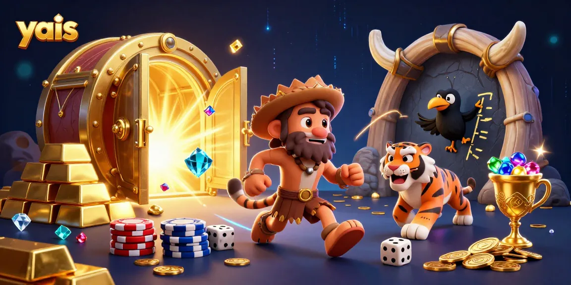 Yais gaming scene showcases a vibrant prehistoric casino with cartoon characters playing with golden treasures.
