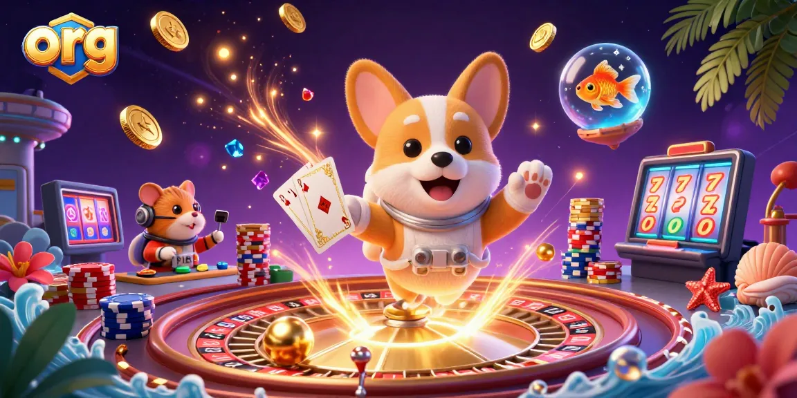 Engaging org scene with an astronaut corgi, mission hamster, and a goldfish in a casino.