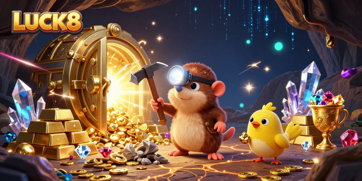 LUCK8 players discover jackpots in a vibrant treasure-filled casino scene