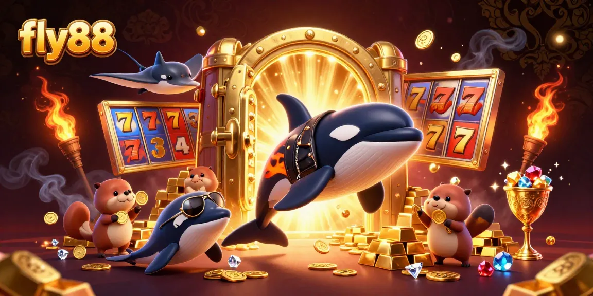 Experience fly88’s thrilling slot games with a vibrant scene of an orca, stingray, and otters amidst gold and jewels.