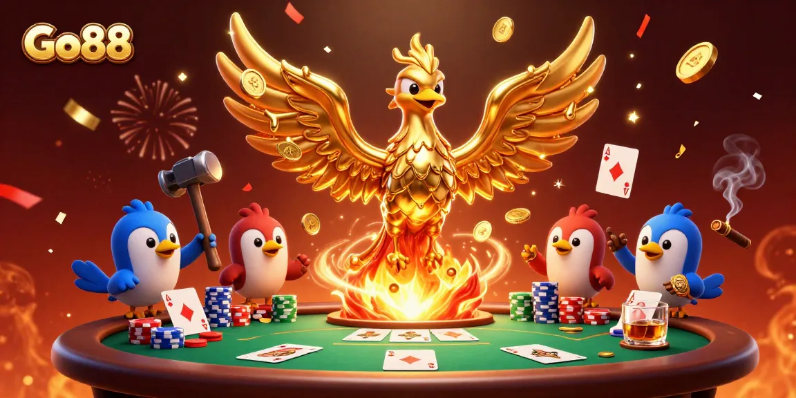 Experience the thrill of Go88 with our vibrant gaming illustration showcasing a golden phoenix and poker elements.