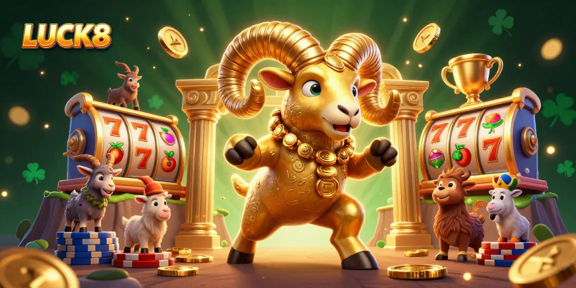 Experience LUCK8 with a dynamic casino scene featuring a golden ram charging through a vibrant slot game.