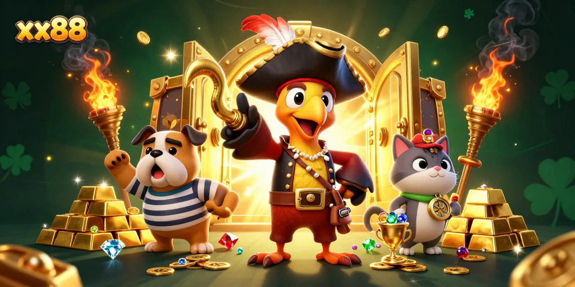 Experience the thrill of xx88 with dynamic characters in a rich casino treasure scene.