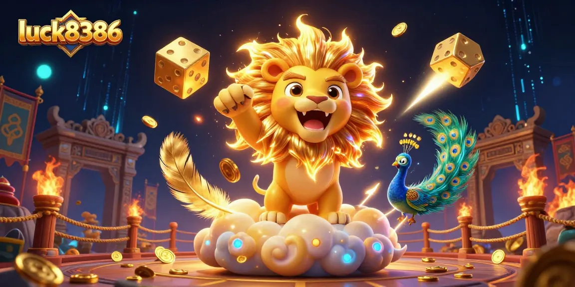 Experience the excitement of luck8386 with thrilling dice, vibrant casino elements, and a roaring sun lion.