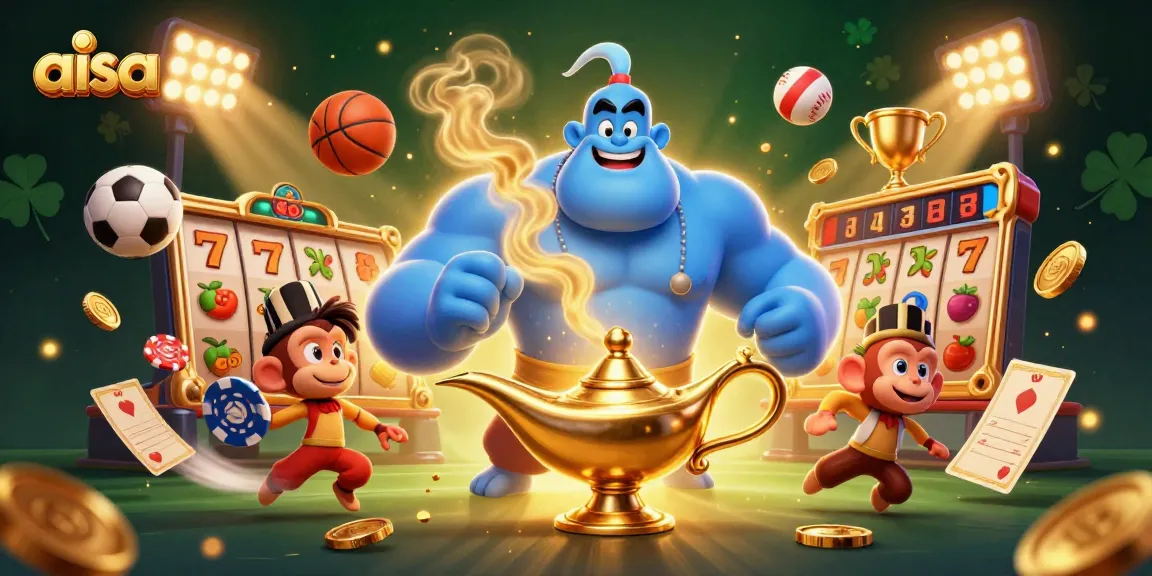 Experience thrilling gameplay with AISA's vibrant 3D slots scene featuring a genie and poker chips.