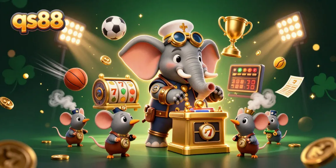 Spin the qs88 slot machine in a vibrant casino scene featuring a steampunk elephant and dynamic sports elements.