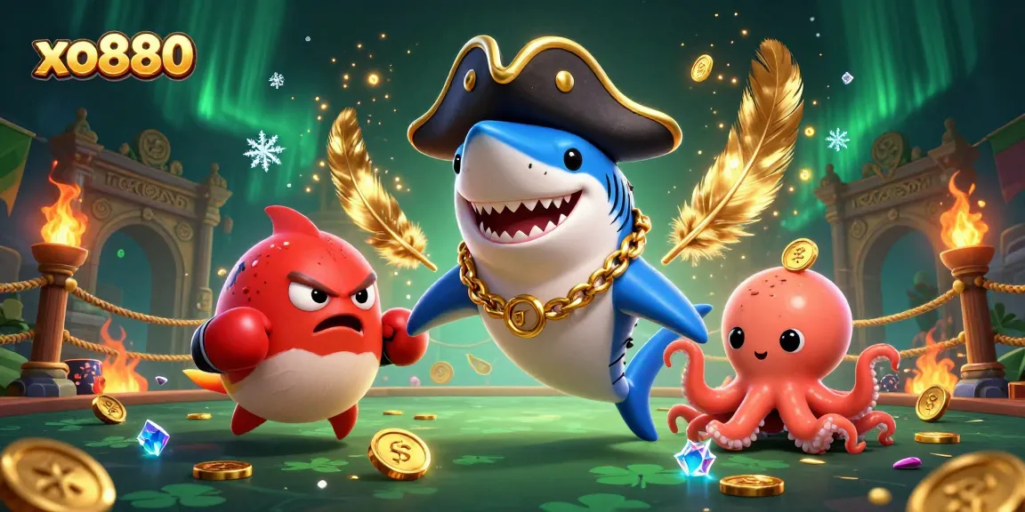 Engage in exciting gameplay at xo880 with a pirate shark, pufferfish, and octopus illustration.