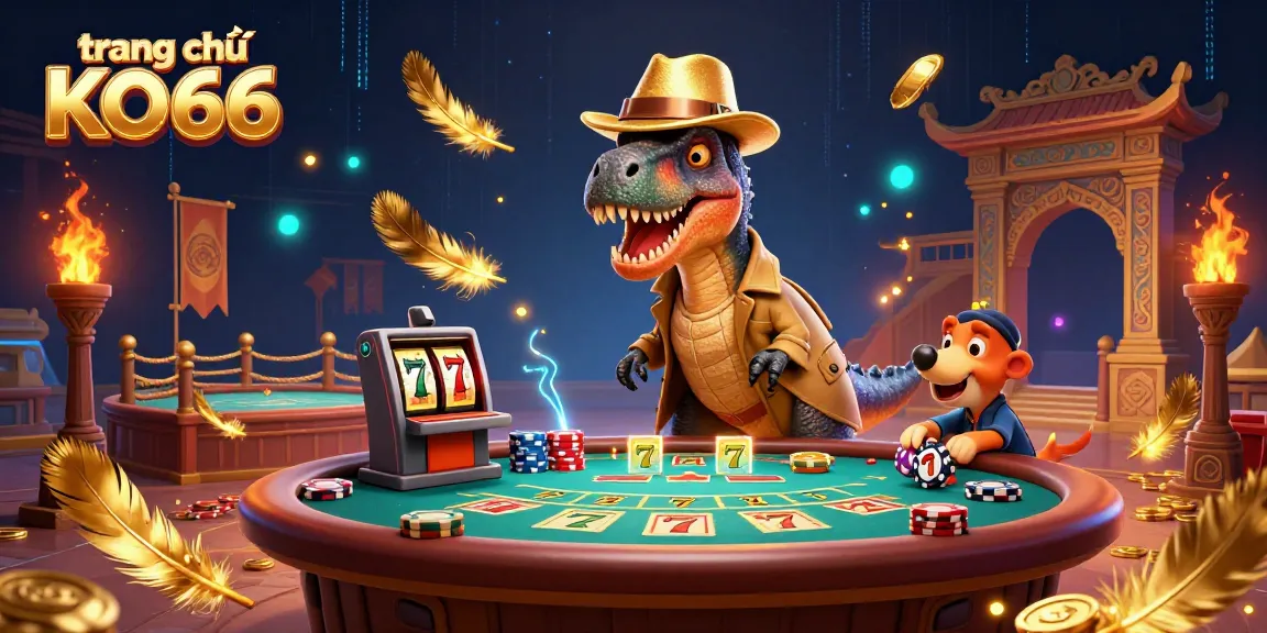 Experience the excitement of the trang chủ KO66 casino with a 3D velociraptor card counter in a vibrant scene.