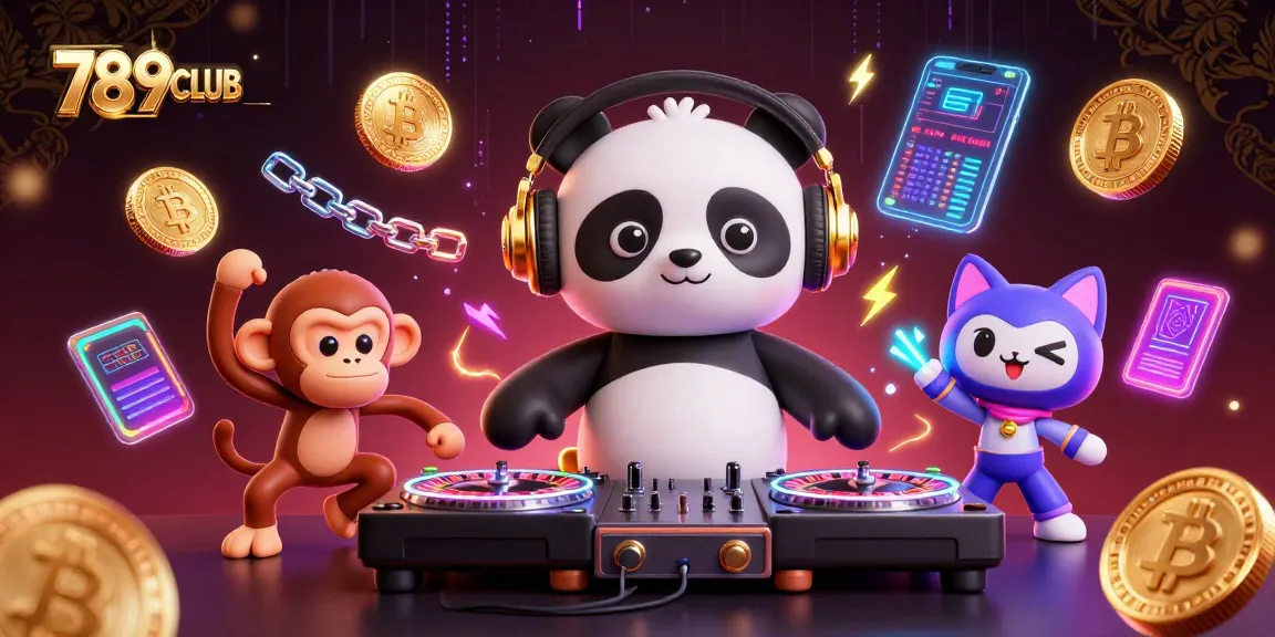 Creating winning moments at 789CLUB with vibrant 3D illustration of DJ panda, monkey, and kitten.