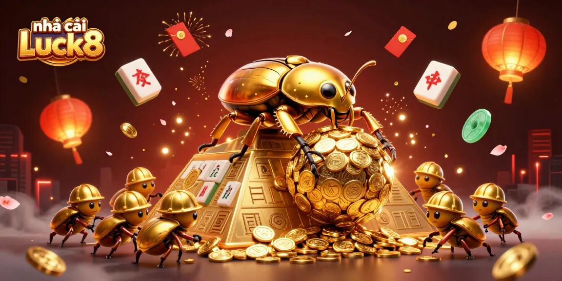 Engage with nhà cái Luck8 through a vibrant illustration of a golden dung beetle and casino-themed elements.