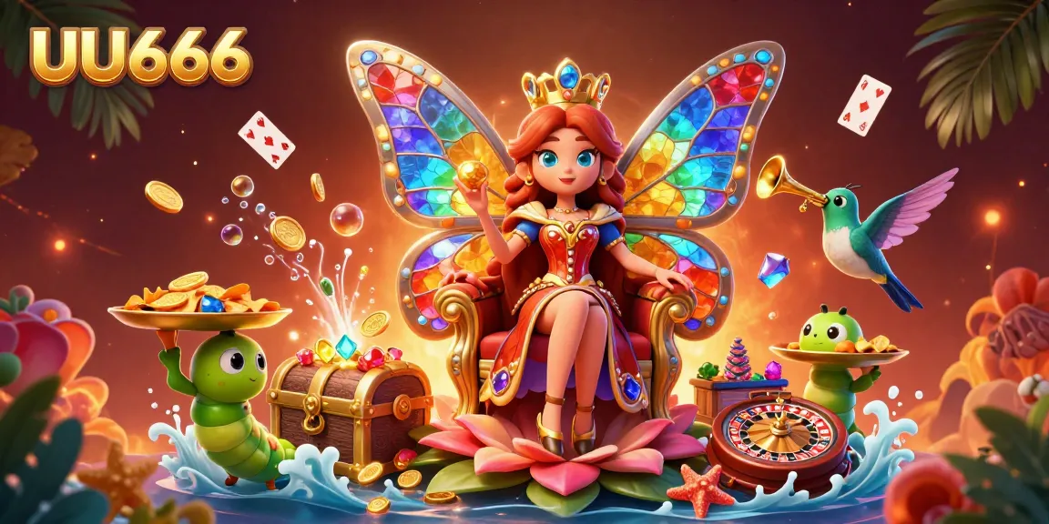 UU666 captures the excitement of gaming with a vibrant 3D casino scene featuring a butterfly queen and dynamic games.