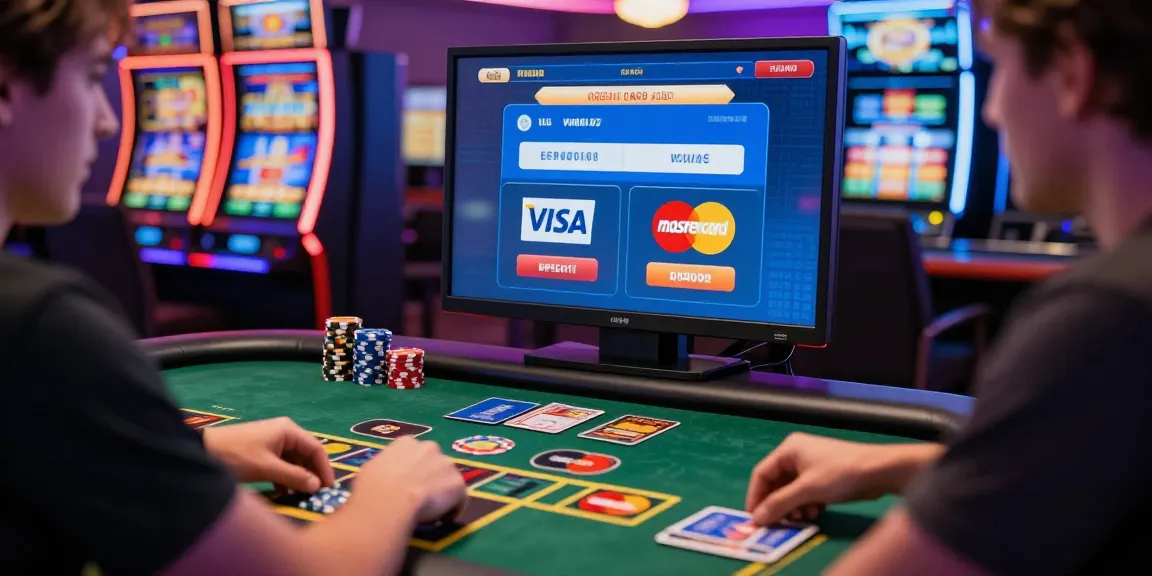 Players enjoying games at a credit card casino like https://brcs.co.uk, with vibrant ambiance and various payment options visible.